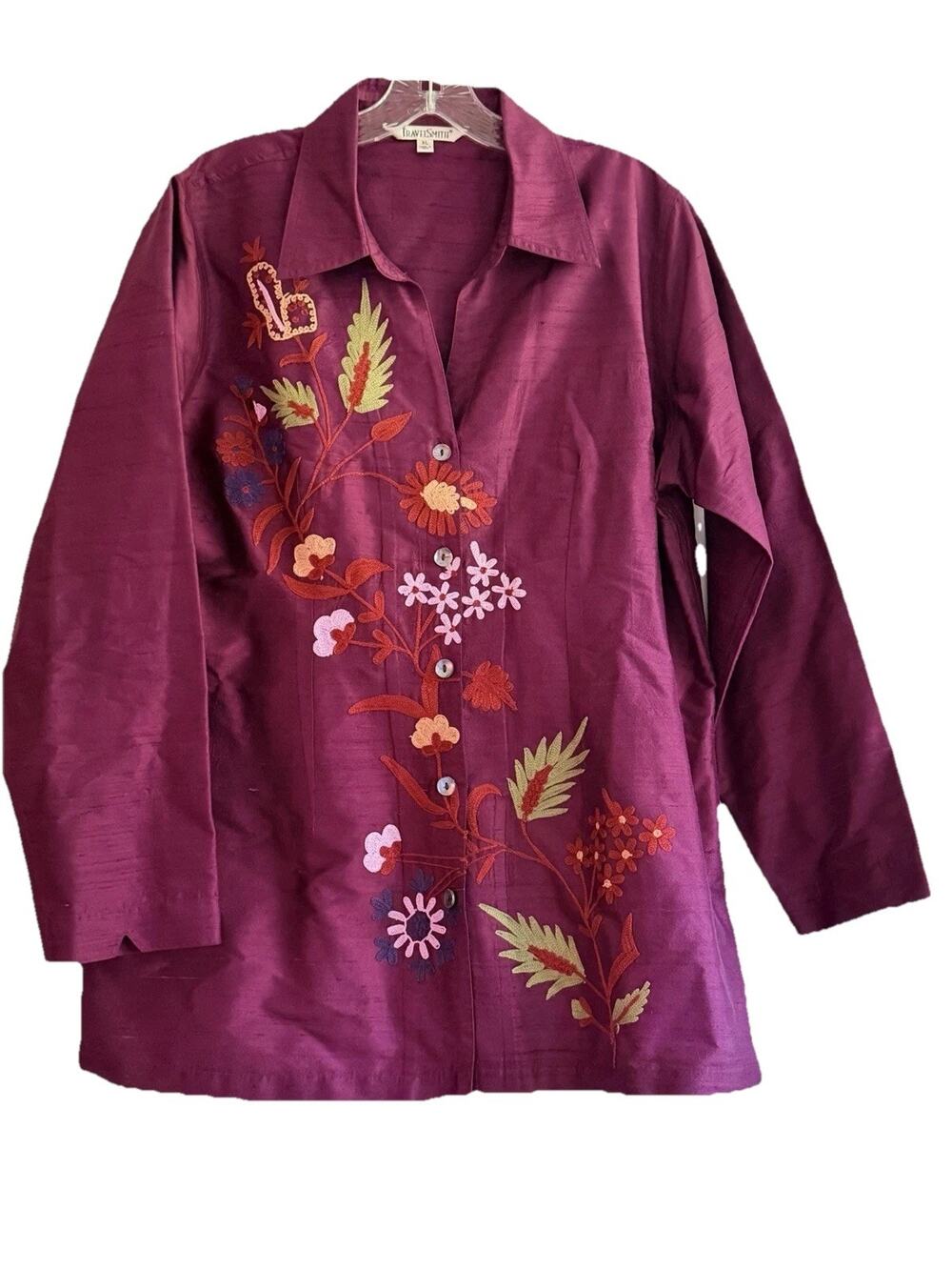 TravelSmith Silk Blouse Women XL Plum Embroidered Floral Long Sleeve Button Up